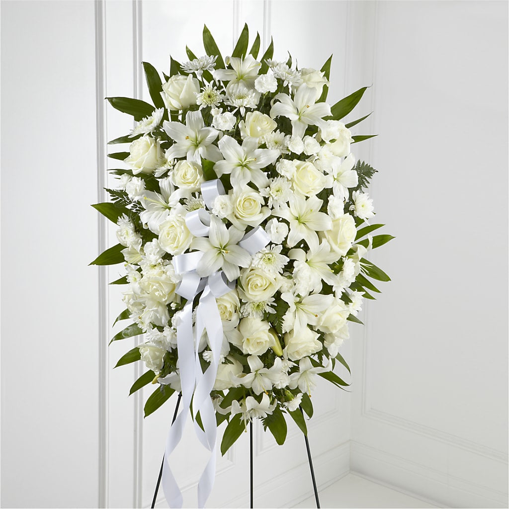Exquisite Tribute Standing Spray-White Ribbon – BENNY'S FLOWERS, Norton VA